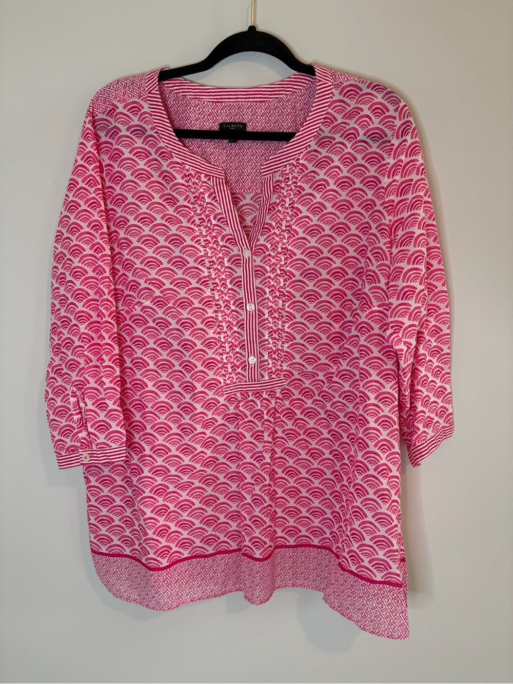 Talbots Pink Wave-Print Cotton Tunic with Button Placket